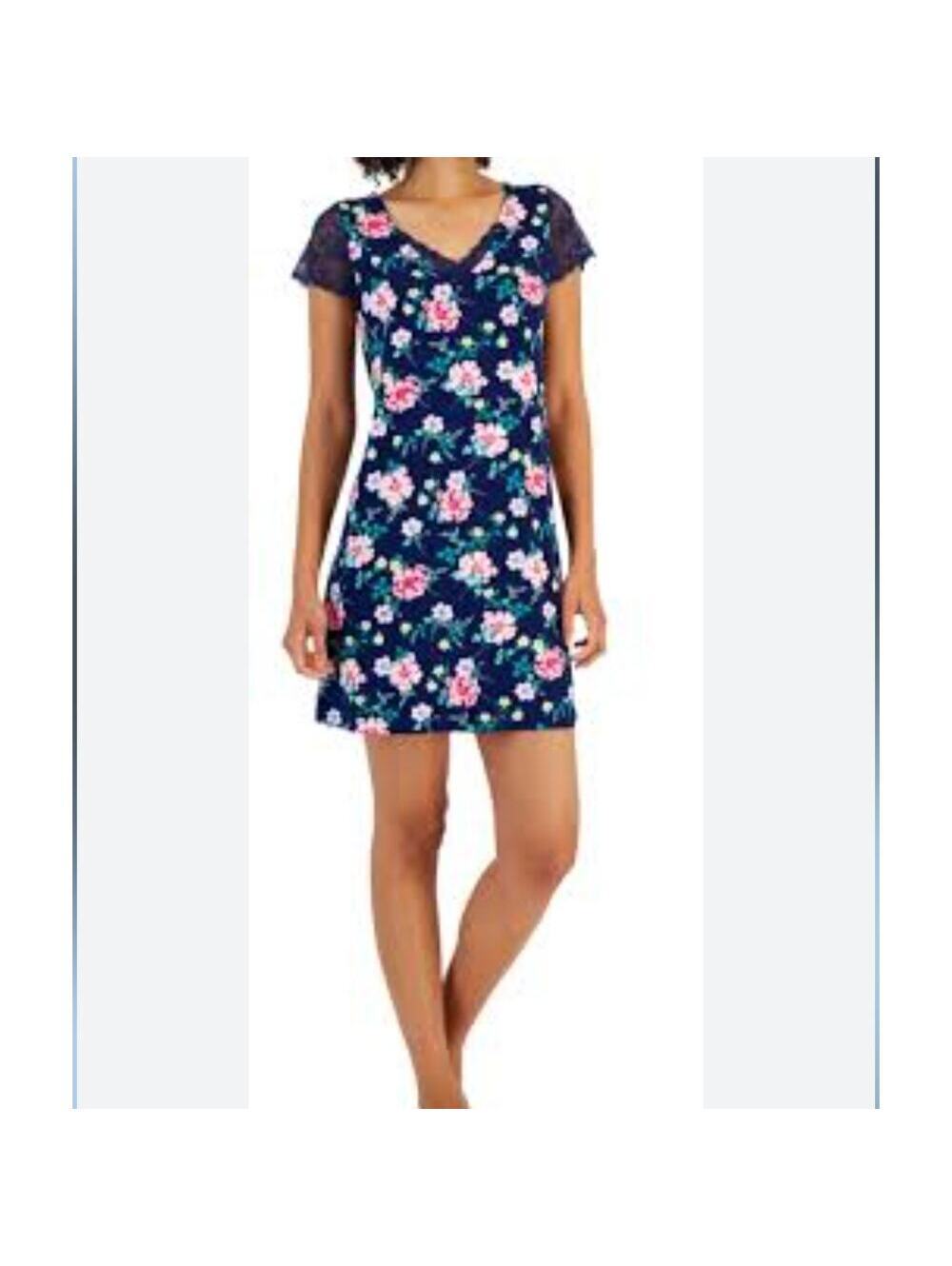 NWT Charter Club Floral Lace Chemise Nightgown Navy Blue Short Sleeve Size XS